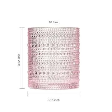 Khen Hobnail Beaded Highball Drinking Tumbler Glasses | Set of 6 | Pastel Pink Color, Vintage Bubble Design Whiskey Glassware, Rocks Glasses
