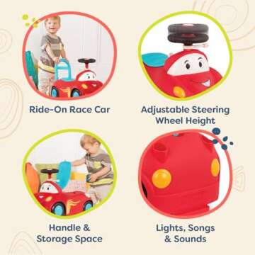 B. toys – Push CarToy – Ride-On Race Car –Walker Toy - Handle & Storage Space – Lights, Songs & Sounds – 1 Year + – Rollin' Riders - Freddy Zoom