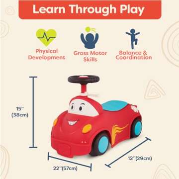 B. toys – Push CarToy – Ride-On Race Car –Walker Toy - Handle & Storage Space – Lights, Songs & Sounds – 1 Year + – Rollin' Riders - Freddy Zoom