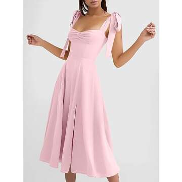 Volemo Women’s Vintage Corset Dress Sweetheart Neckline Tie Strap Slit Sleeveless Swing Elegant Midi Party Cocktail Dress Pink S