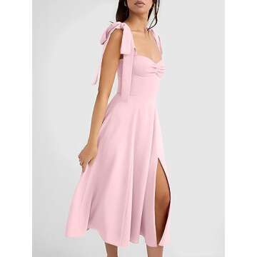 Volemo Women’s Vintage Corset Dress Sweetheart Neckline Tie Strap Slit Sleeveless Swing Elegant Midi Party Cocktail Dress Pink S