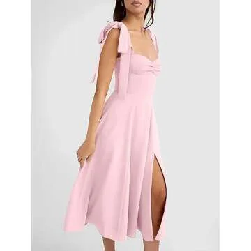 Volemo Women’s Vintage Corset Dress Sweetheart Neckline Tie Strap Slit Sleeveless Swing Elegant Midi Party Cocktail Dress Pink S