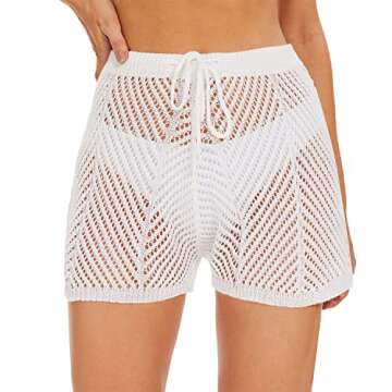 Jumppmile Womens Crochet Cover Up Shorts Hollow Out High Waist Knit Bathing Suit Bikini Swimsuit with Drawstring White S