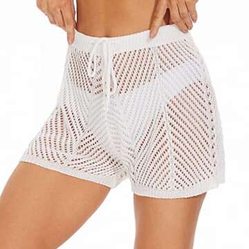 Jumppmile Womens Crochet Cover Up Shorts Hollow Out High Waist Knit Bathing Suit Bikini Swimsuit with Drawstring White S