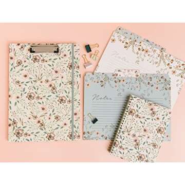 Steel Mill & Co Cute Clipboard Folio with Refillable Lined Notepad and Interior Storage Pocket, Earth-Toned Flower Padfolio for Work, Woodland Floral