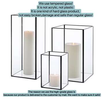 Set of 3 Square Glass Hurricane Candle Holders, Clear Glass Framed in Vintage Brass, Pefect for Spa, Hotel, Festival, Home Decoration,(Bronze Fram Finsh)