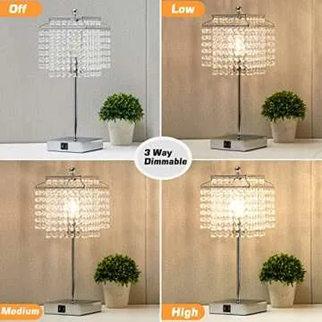 Luvkczc Crystal Table Lamp with Touch Control and USB for Bedside, 3-Way Dimmable with Crystal Shade for Bedroom, Living Room, 6W LED Bulb Included
