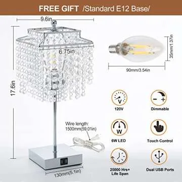 Luvkczc Crystal Table Lamp with Touch Control and USB for Bedside, 3-Way Dimmable with Crystal Shade for Bedroom, Living Room, 6W LED Bulb Included