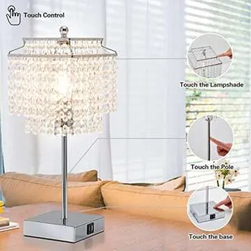 Luvkczc Crystal Table Lamp with Touch Control and USB for Bedside, 3-Way Dimmable with Crystal Shade for Bedroom, Living Room, 6W LED Bulb Included
