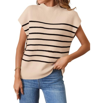 MEROKEETY Women's 2025 Sleeveless Mock Neck Striped Sweater Vest Cap Sleeve Ribbed Knit Pullover Tan...