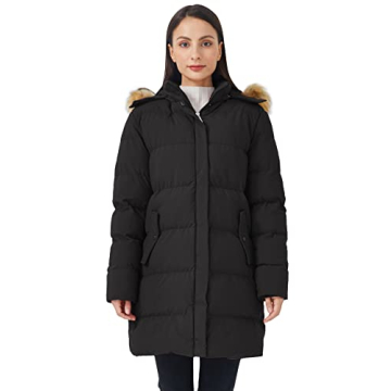 WenVen Women's Winter Padded Coat with Fur Hood Black L