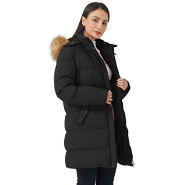 WenVen Women's Winter Padded Coat with Fur Hood Black L