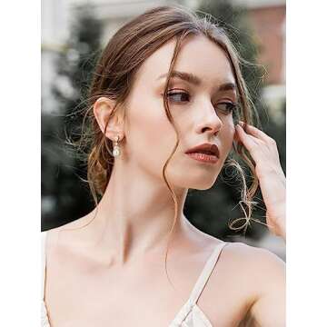 SWEETV Cubic Zirconia Pearl Drop Wedding Earrings for Brides, Ivory Bridal Pearl Earrings for Bridesmaid Jewelry Gift (01.Style 1-Gold)