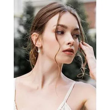 SWEETV Cubic Zirconia Pearl Drop Wedding Earrings for Brides, Ivory Bridal Pearl Earrings for Bridesmaid Jewelry Gift (01.Style 1-Gold)