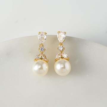 SWEETV Cubic Zirconia Pearl Drop Wedding Earrings for Brides, Ivory Bridal Pearl Earrings for Bridesmaid Jewelry Gift (01.Style 1-Gold)
