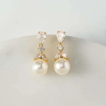SWEETV Cubic Zirconia Pearl Drop Wedding Earrings for Brides, Ivory Bridal Pearl Earrings for Bridesmaid Jewelry Gift (01.Style 1-Gold)