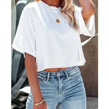 Tankaneo Women Half Sleeve Cropped T-Shirts Drop Shoulder Round Neck Crop Tops Casual Summer Solid Color Basic Tees