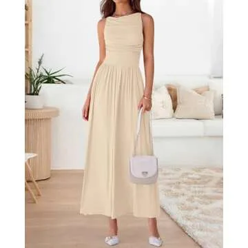 BTFBM Women 2025 Summer Sleeveless Ruched Maxi Dress Boat Neck High Waist Wedding Guest Cocktail Tan...