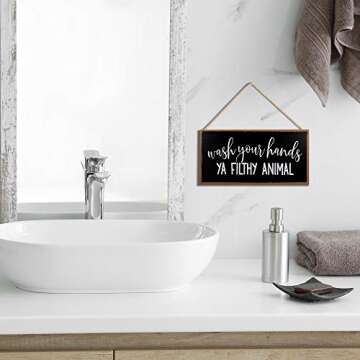 Funny Bathroom Decor Sign - Wash Your Hands - Guest Bath Hanging Wall Art, Decorative Signs For Home, Kitchen, Door - Cute Farmhouse Toilet Sayings - 10"x5" Chalkboard Style Quotes Decorations