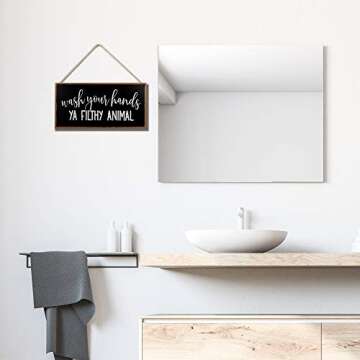 Funny Bathroom Decor Sign - Wash Your Hands - Guest Bath Hanging Wall Art, Decorative Signs For Home, Kitchen, Door - Cute Farmhouse Toilet Sayings - 10"x5" Chalkboard Style Quotes Decorations