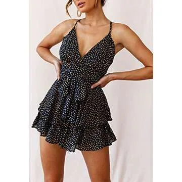 Floral Rompers For Women Spaghetti Strap Deep V Neck Tie Knot Ruffle Short Jumpsuits Rompers Dull Black S