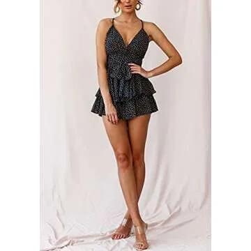 Floral Rompers For Women Spaghetti Strap Deep V Neck Tie Knot Ruffle Short Jumpsuits Rompers Dull Black S
