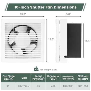 Fanspex 10" Shutter Exhaust Fan, 490CFM Window or Wall Mount Ventilation Fan for Greenhouse, Attic, ...