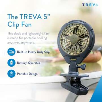 Treva 5 Inch Battery Powered Clip Slim and Portable Cooling Fan with Clamp for Travel, Outdoor,Campi...