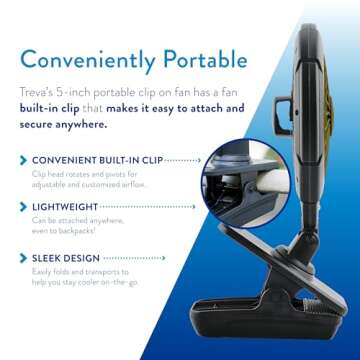 Treva 5 Inch Battery Powered Clip Slim and Portable Cooling Fan with Clamp for Travel, Outdoor,Camping, Car, Office Desk, Baby Stroller - Multi-Directional Rotating and Adjustable Head, Khaki (FC05005)