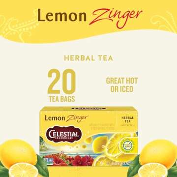 Celestial Seasonings Lemon Zinger Herbal Tea, Caffeine Free, 20 Tea Bags Box, (Pack of 6)