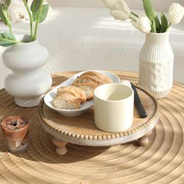 SwallowLiving Rustic Round Wood Tray Riser Farmhouse Pedestal Stand with Beaded Edge for Decor Woode...
