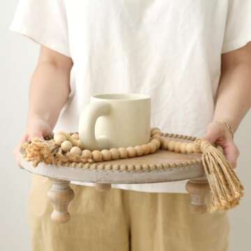 SwallowLiving Rustic Round Wood Tray Riser Farmhouse Pedestal Stand with Beaded Edge for Decor Wooden Finish Cupcake Display for Cakes and Decorative Items 11.8 inches