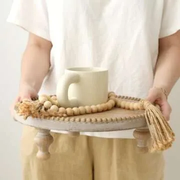 SwallowLiving Rustic Round Wood Tray Riser Farmhouse Pedestal Stand with Beaded Edge for Decor Wooden Finish Cupcake Display for Cakes and Decorative Items 11.8 inches