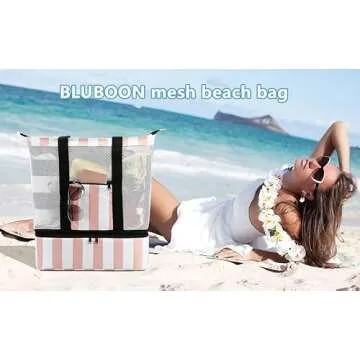 Bluboon Mesh Beach Bag with Cooler Sections Pool Bag for Women Detachable Insulated Picnic Shoulder Bag and Solid Zipper Closure Travel Tote (Light Pink)