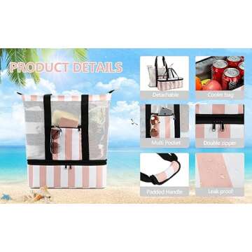 Bluboon Mesh Beach Bag with Cooler Sections Pool Bag for Women Detachable Insulated Picnic Shoulder Bag and Solid Zipper Closure Travel Tote (Light Pink)