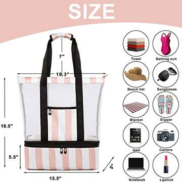Bluboon Mesh Beach Bag with Cooler Sections Pool Bag for Women Detachable Insulated Picnic Shoulder Bag and Solid Zipper Closure Travel Tote (Light Pink)