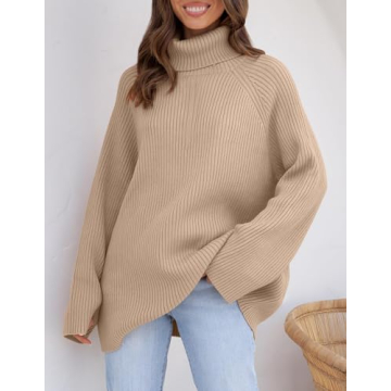 ZESICA Oversized Winter Turtleneck Sweater - Khaki