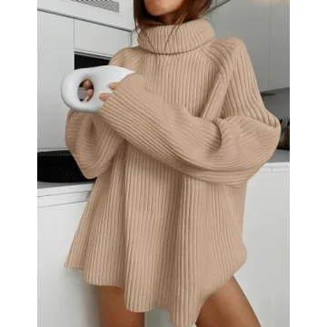 ZESICA Oversized Winter Turtleneck Sweater - Khaki