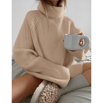 ZESICA Oversized Winter Turtleneck Sweater - Khaki