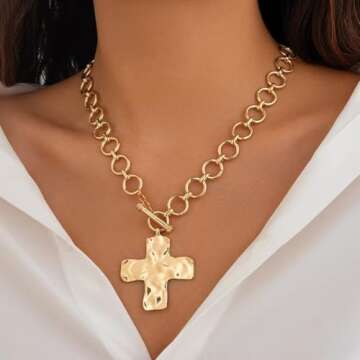 Yuoos Gold Chunky Cross Pendant Necklace Punk Irregular Liquid Metal Statement Necklace for Women Bohemian Chunky Geometric Metallic Choker Necklace Grunge Jewelry