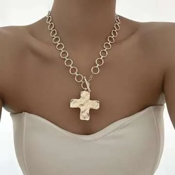 Yuoos Gold Chunky Cross Pendant Necklace Punk Irregular Liquid Metal Statement Necklace for Women Bohemian Chunky Geometric Metallic Choker Necklace Grunge Jewelry
