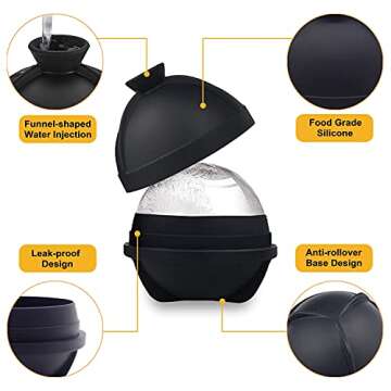 Helpcook Ice Ball Molds Set of 4,Whiskey Ice Ball Maker Mold,Silicone Sphere Ice Molds with Built-in Funnel,Large Round Ice Cube Molds Make 2.5 Inch Sphere Ice for Whiskey & Cocktails