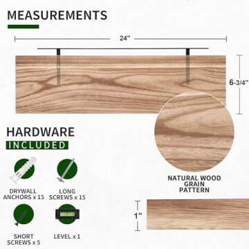 Wood Floating Shelves for Wall Set of 2, 24 Inch Wide Rustic Wooden Floating Shelves, Invisible Wall Mounted Display for Living Room Bedroom Kitchen Bathroom Office, Carbonized Black