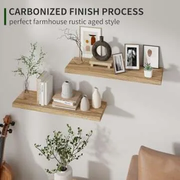 Wood Floating Shelves for Wall Set of 2, 24 Inch Wide Rustic Wooden Floating Shelves, Invisible Wall Mounted Display for Living Room Bedroom Kitchen Bathroom Office, Carbonized Black