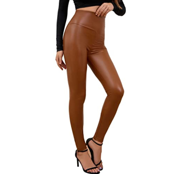 Everbellus Sexy Womens Faux Leather High Waisted Leggings Brown Small