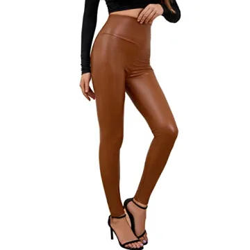 Everbellus Sexy Womens Faux Leather High Waisted Leggings Brown Small