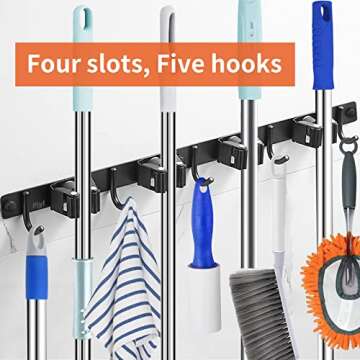 Piyl Broom Mop Holder Wall Mount Broom Hanger Wall Mounted Metal Organization Garage Storage Garden Kitchen Tool Organizer With 4 Racks and 5 Hooks (Black, 1 Pack 4R5H)