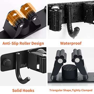 Piyl Broom Mop Holder Wall Mount Broom Hanger Wall Mounted Metal Organization Garage Storage Garden Kitchen Tool Organizer With 4 Racks and 5 Hooks (Black, 1 Pack 4R5H)