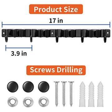 Piyl Broom Mop Holder Wall Mount Broom Hanger Wall Mounted Metal Organization Garage Storage Garden Kitchen Tool Organizer With 4 Racks and 5 Hooks (Black, 1 Pack 4R5H)