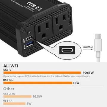 ALLWEI 300W Car Power Inverter DC 12V to 110V AC for Vehicles Converter USB-C PD65W/18W Fast Charging Ports Car Charger Adapter (Black)